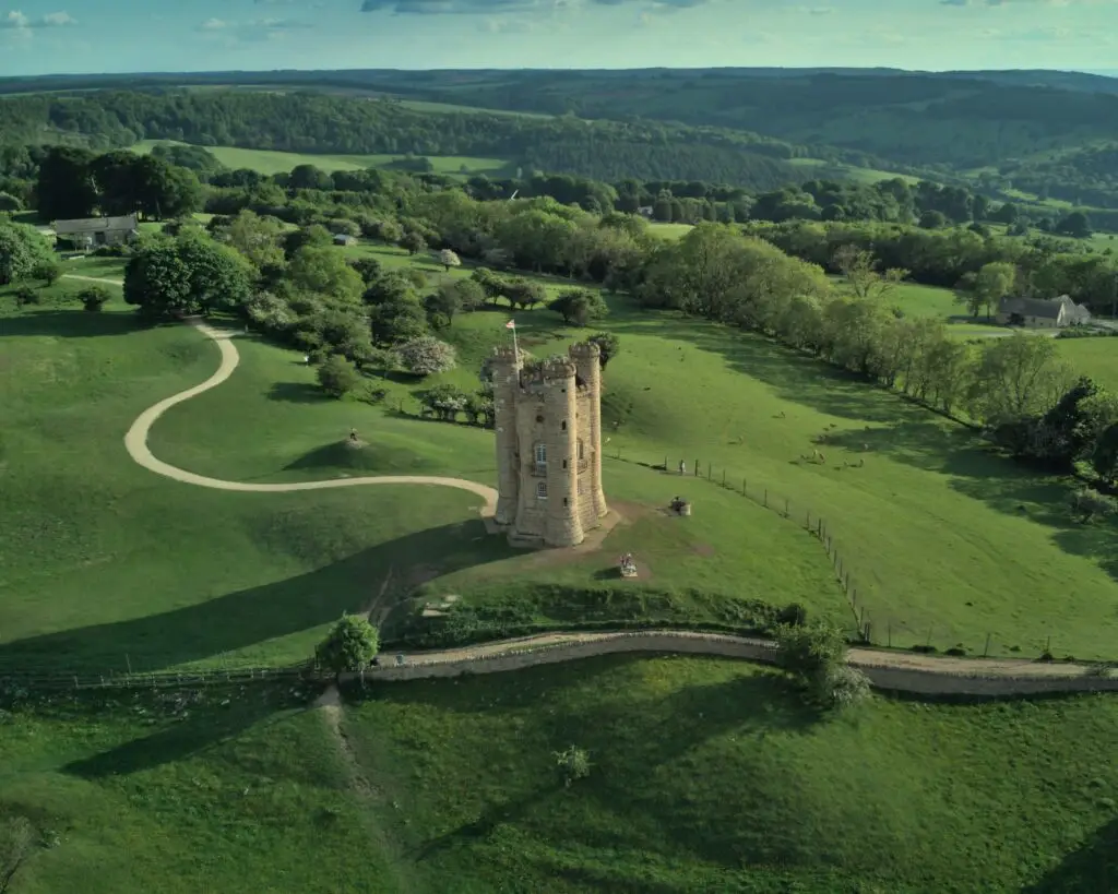 Aerial view of Broadway Tower in the Cotswolds